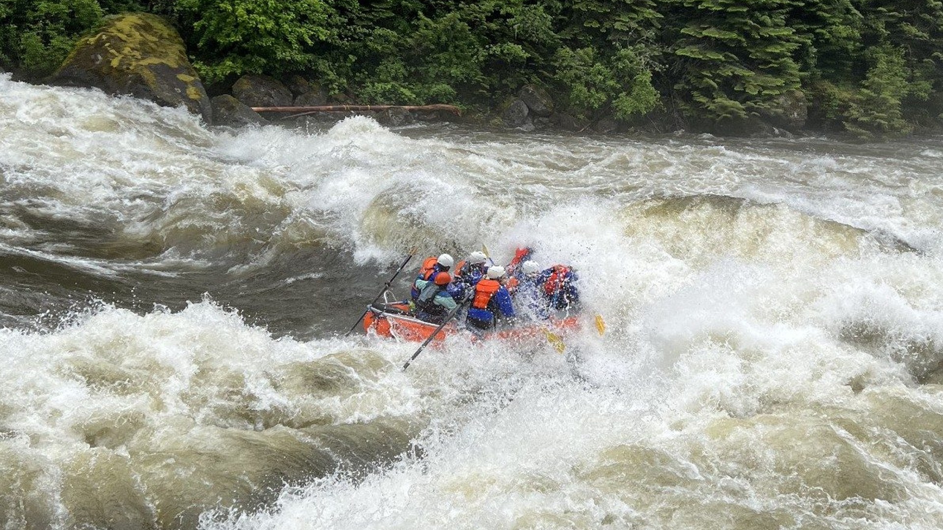 Adventurous whitewater rafting on the Lochsa River with Zoo Town Surfers. Rafters in vibrant safety gear tackle powerful, churning rapids, with water splashing dramatically around them. The lush forest backdrop emphasizes the thrill and natural beauty of the rafting experience.